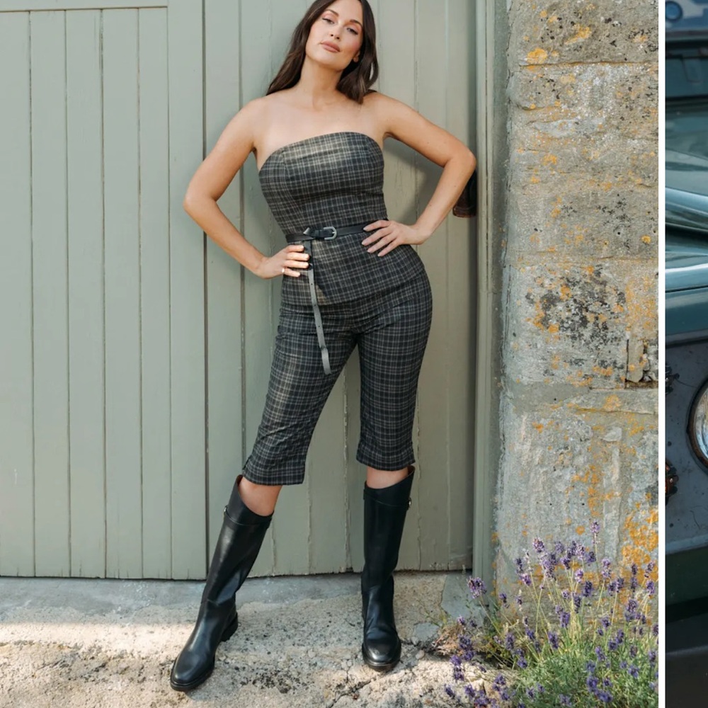 Reformation Black Plaid Strapless Jumpsuit